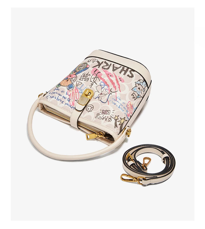Lady Handbag Aus PU Leather Crossbody Bag Office Prints