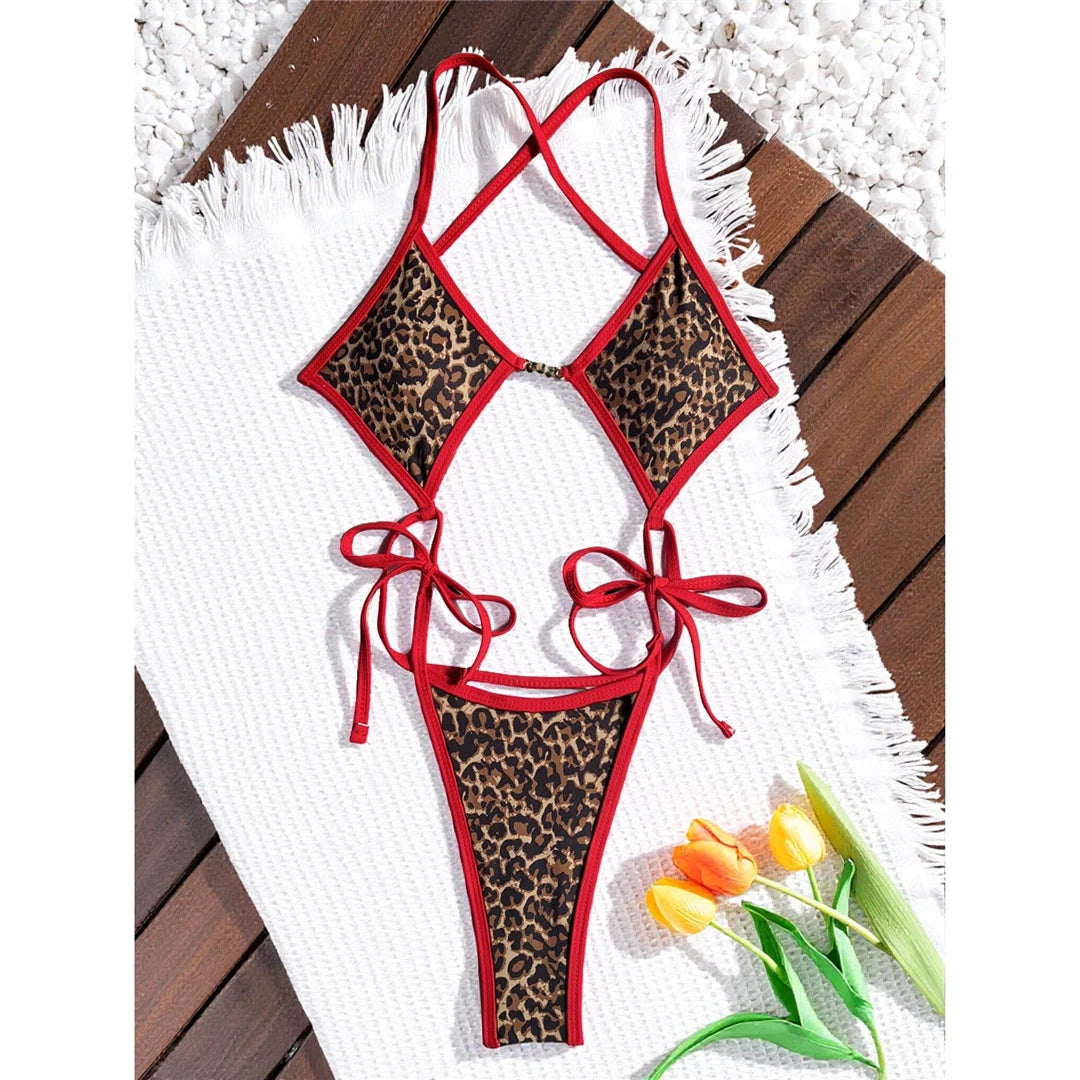 Damen-Badeanzug Leopard Micro-Tanga Weste High-Leg gepolstert