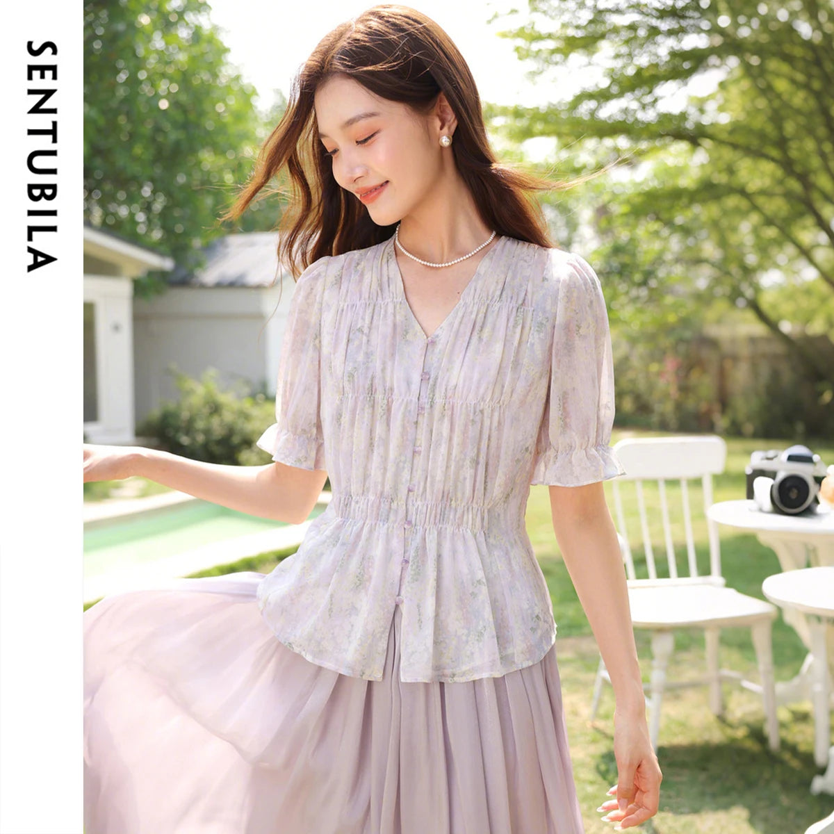 Damen-Lyocell-Bluse mit Reverskragen und Druckmuster – Einreihig und Komfortabel für Frühling und Sommer