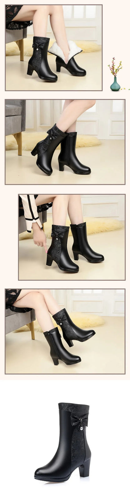 AIYUQI Winter Boots Women Wool Keep Warm 2025 New Genuine Leather Shoes Woman Boots Fashion Bow Female Fashion Boots Thick Heel