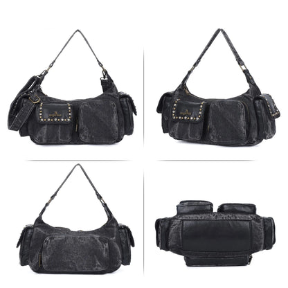 Damen-Schultertasche aus Denim und Canvas mit Reißverschluss und großem Hauptfach und Smartphonefach