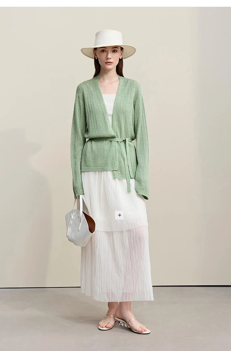 Damen-Strickjacke Lyocell V-Ausschnitt Glockenärmel Gürtel locker Frühling