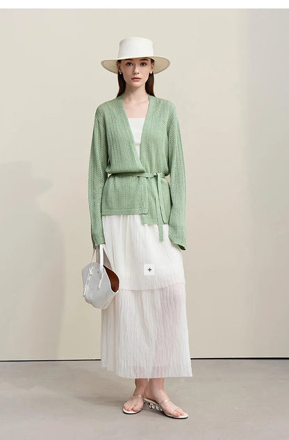 Damen-Strickjacke Lyocell V-Ausschnitt Glockenärmel Gürtel locker Frühling