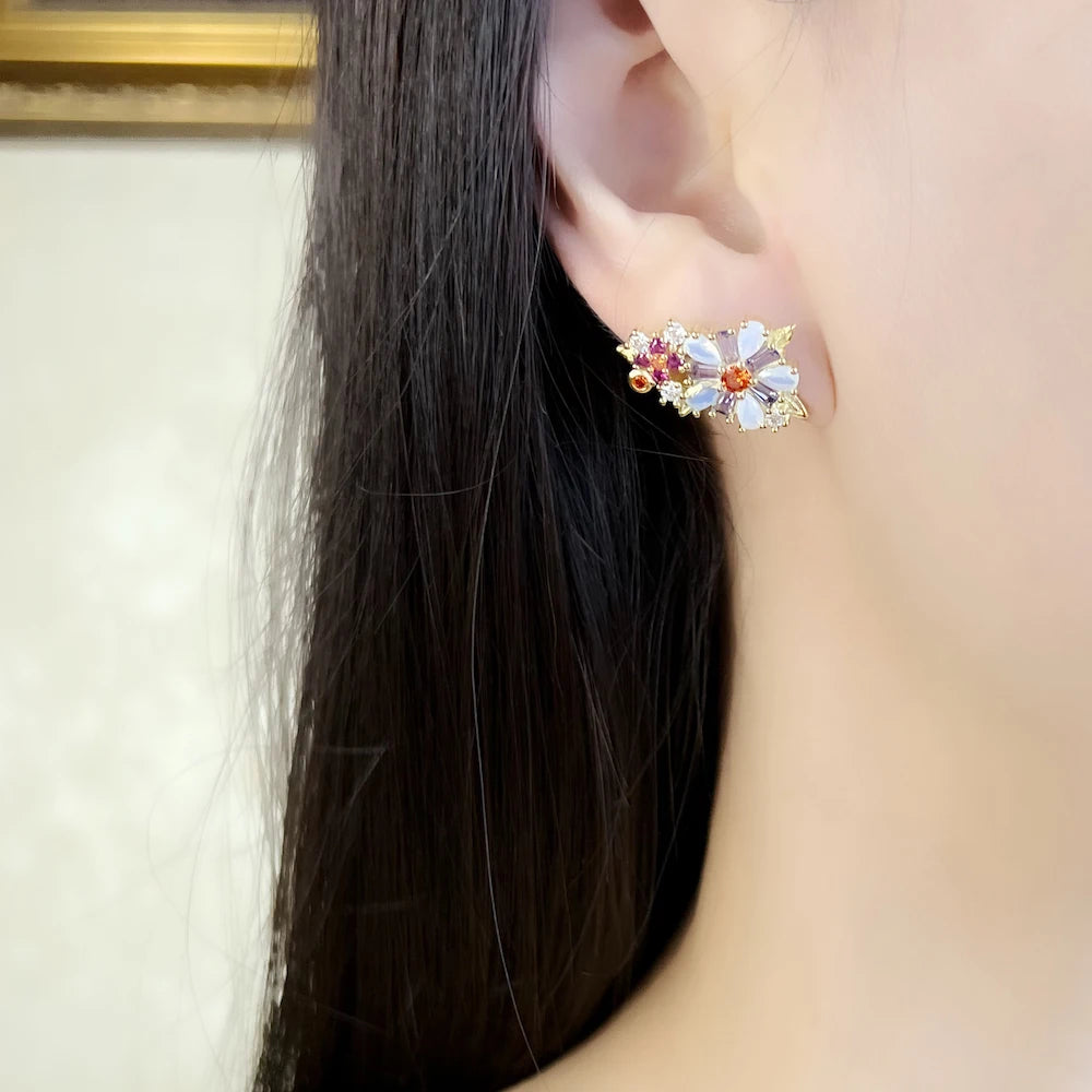 Damen-Ohrstecker Blumen bunte Steine Gelbgold aus Sterlingsilber