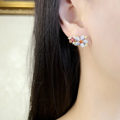 Damen-Ohrstecker Blumen bunte Steine Gelbgold aus Sterlingsilber