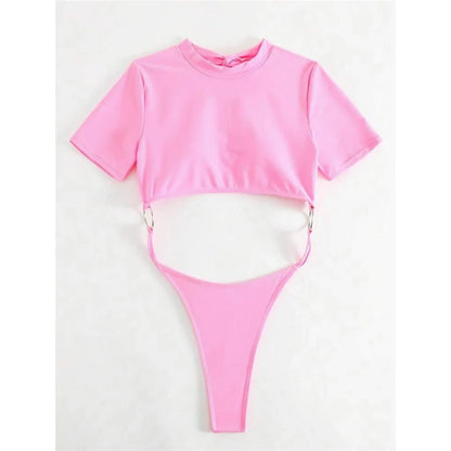 Damen Badeanzug Micro Tanga Cut-Out Monokini Kurzarm 9 Farben