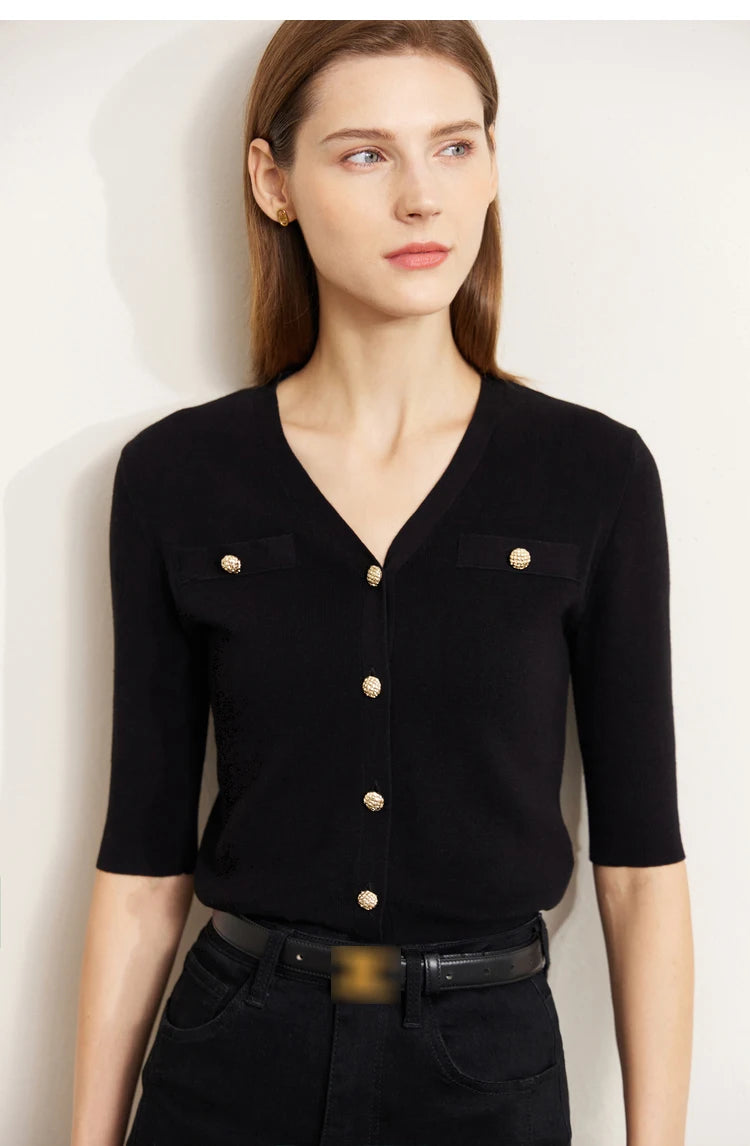 Damen-Strickjacke Baumwolle Slim Halbarm V-Ausschnitt Büro Frühling