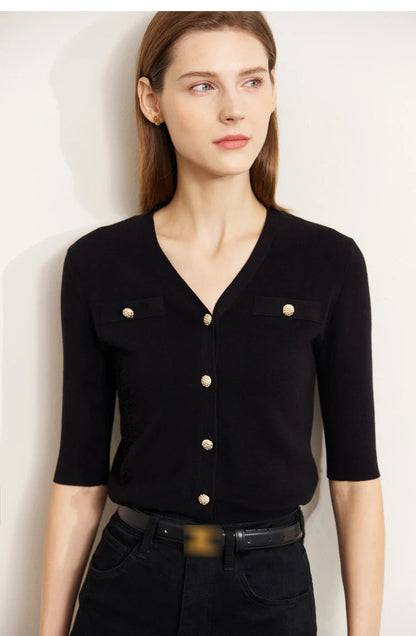 Damen-Strickjacke Baumwolle Slim Halbarm V-Ausschnitt Büro Frühling