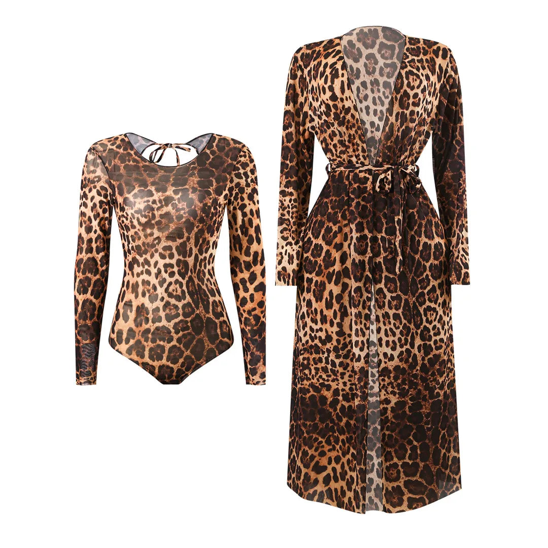 Damen Badeanzug Langarm Leopard Cover-Up gepolstert Einteiler