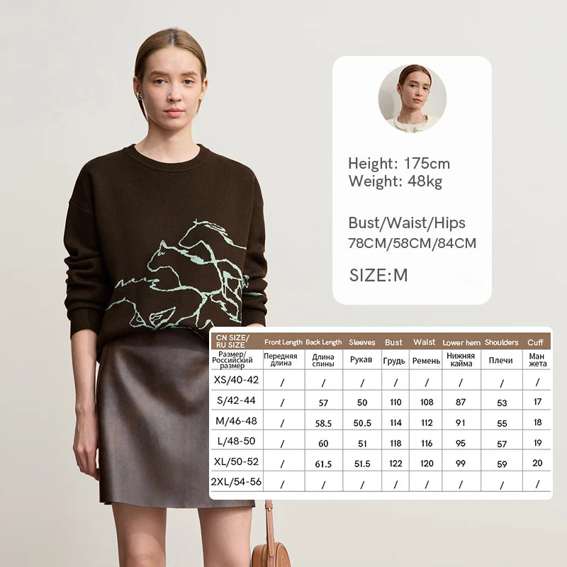 Damen-Rundhalspullover Tier-Jacquard locker Langarm Winter