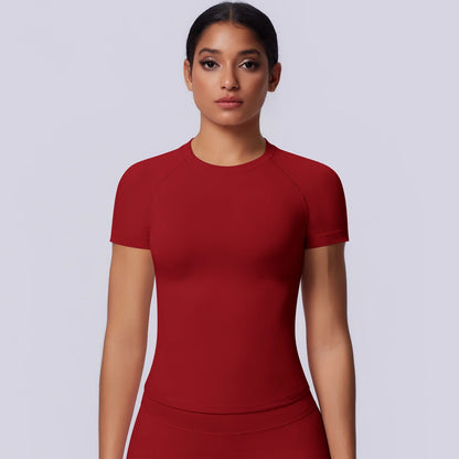 Nahtloses Funktionsshirt für Damen, bordeauxrotes Kurzarm-Shirt mit Rundhalsausschnitt