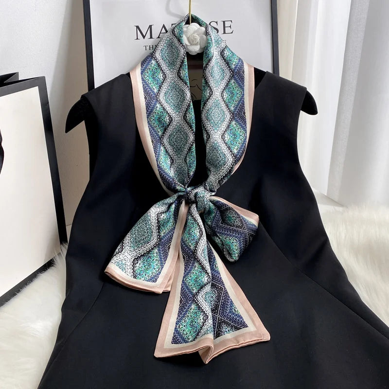 Damen Seidenschal dünn Taschenband Foulard Haarband Stirnband bedruckt F