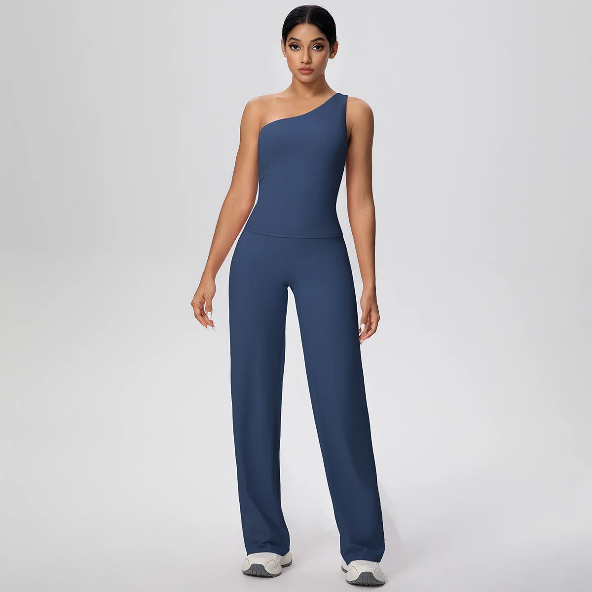 Dunkelblaues Yoga-Set für Damen: ärmelloses Top, lange Hose, Vorderansicht