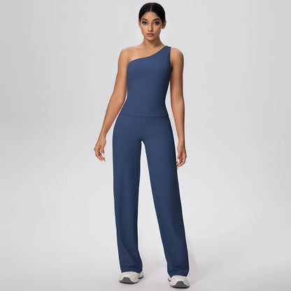 Dunkelblaues Yoga-Set für Damen: ärmelloses Top, lange Hose, Vorderansicht