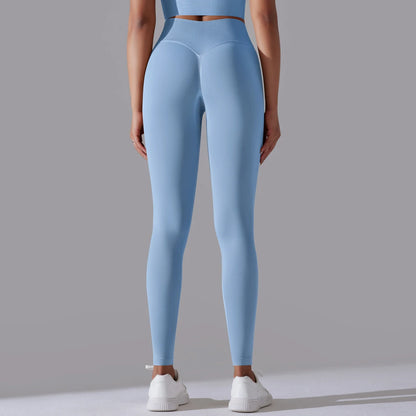 Nahtlose Yoga-Hose, hohe Taille, hellblau, ganzer Frontblick mit Beinlänge