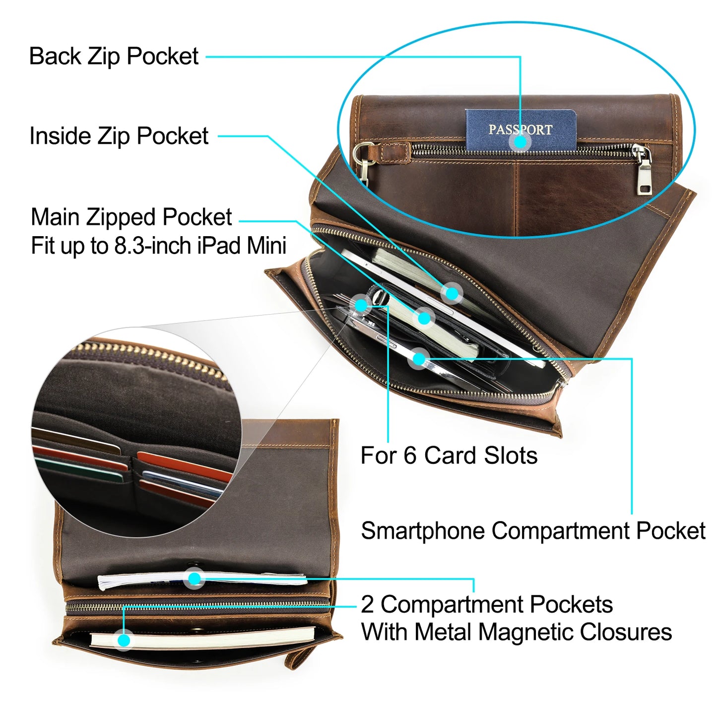 Braune Herren-Clutch mit Reißverschlussfächern, Kartenfächern und Innenfach für iPad Mini