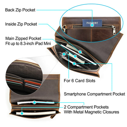 Braune Herren-Clutch mit Reißverschlussfächern, Kartenfächern und Innenfach für iPad Mini