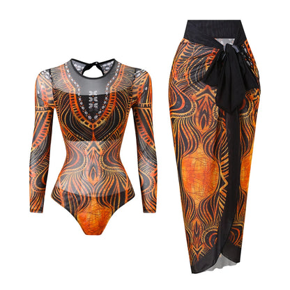 Damen-Badeanzug Blumen Langarm Sarong einteilig gepolstert