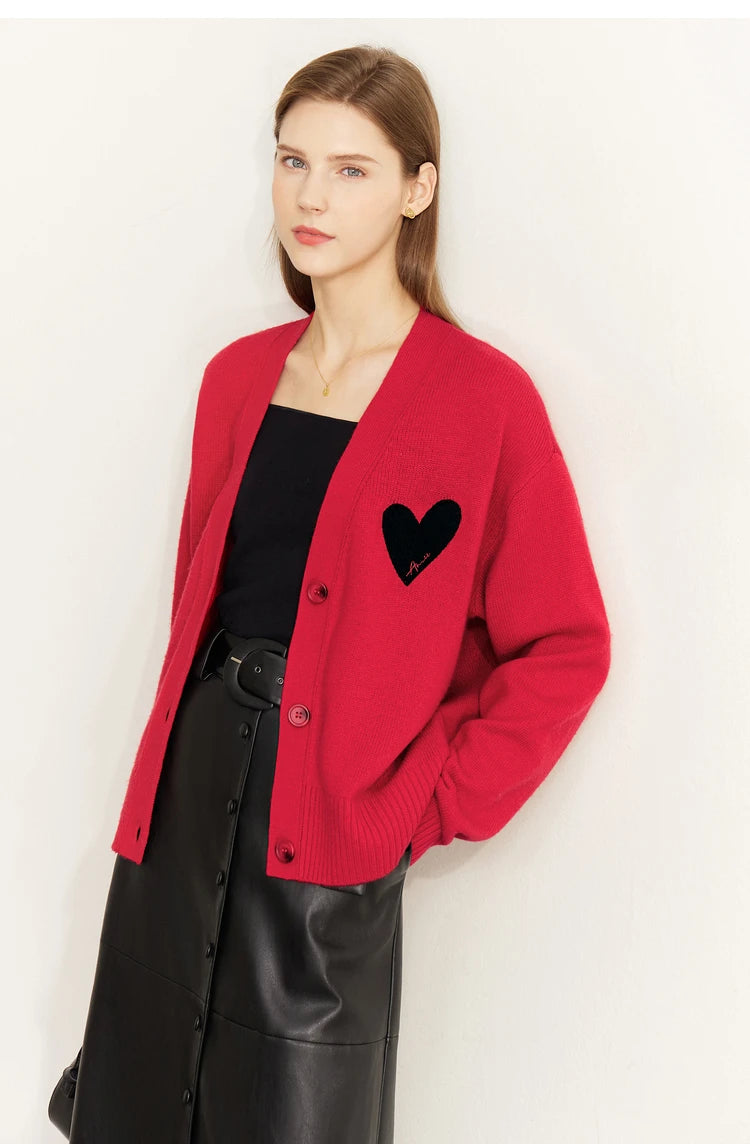Damen-Strickjacke V-Ausschnitt Wollstickerei locker romantisch Winter