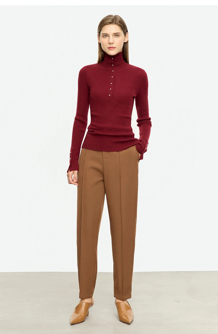 Damen-Strickjacke Rollkragen Knopfleiste Slim halboffene Front Herbst