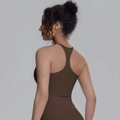 Damen-Sportweste mit Racerback, braun/Khaki, mit Brustpolster, Rückansicht