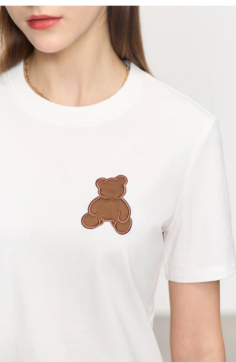 Damen Top im minimalistischen Stil mit Bären-Applikation und O-Ausschnitt