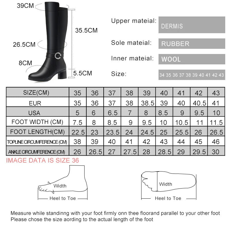 Größentabelle für lange Stiefel: Schaftlänge, Absatzhöhe und Materialangaben
