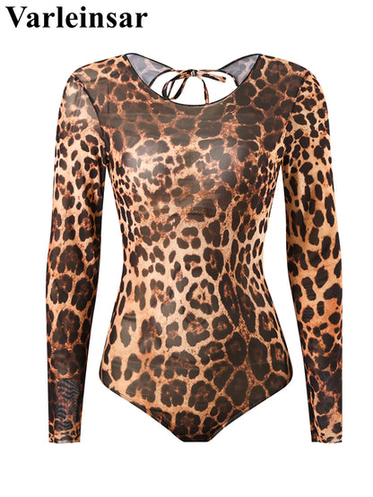 Damen-Badeanzug Leopard Langarm Shorts Set gepolstert einteilig