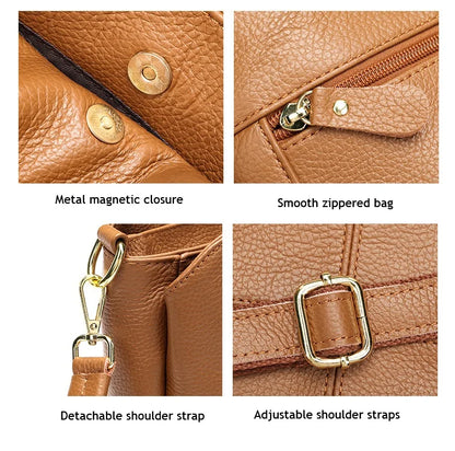 Damen-Schultertasche aus Leder Vintage Schwarz Großes Fassungsvermögen Crossbody-Tasche