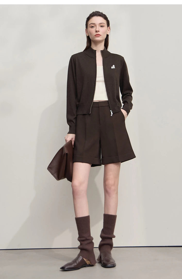 Damen-Rollkragen-Strickjacke kurz Reißverschluss Wolle Herbst-Winter