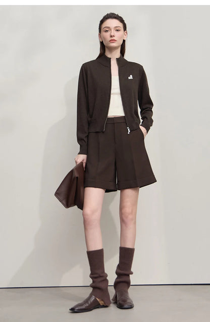 Damen-Rollkragen-Strickjacke kurz Reißverschluss Wolle Herbst-Winter