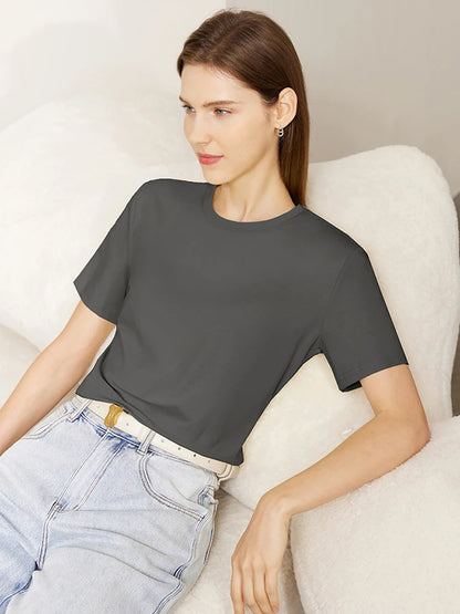 Damen T-Shirt im minimalistischen Stil mit lässigem O-Ausschnitt und kurzen Ärmeln