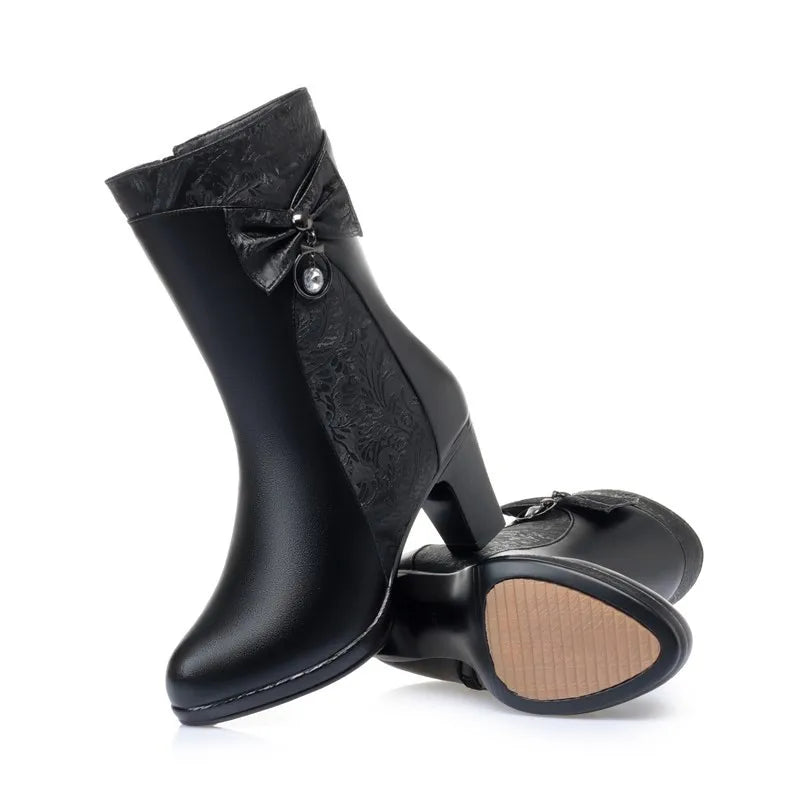 AIYUQI Winter Boots Women Wool Keep Warm 2025 New Genuine Leather Shoes Woman Boots Fashion Bow Female Fashion Boots Thick Heel