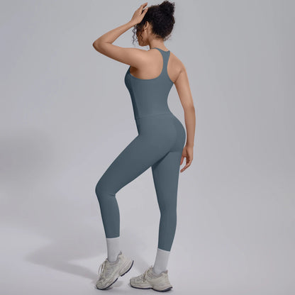 Damen-Yoga-Set mit Leggings, blaugrau, Rückenansicht mit hochgezogenem Arm