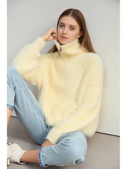 Damen-Rollkragenpullover Nerz-Imitat Reißverschluss locker dick Winter