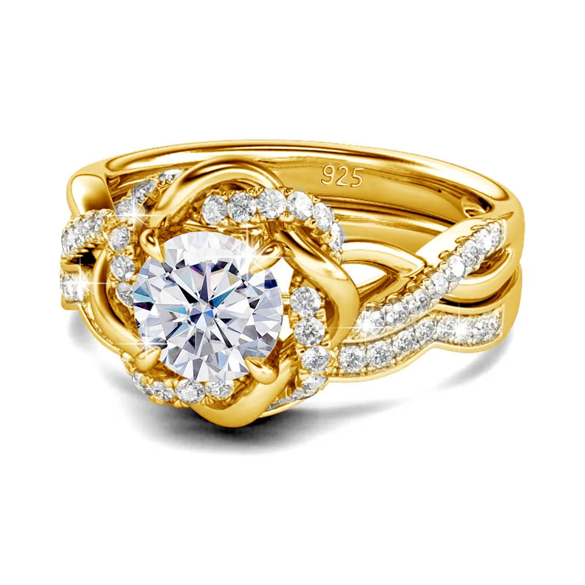 Damen-Ringe-Set aus 925 Sterling Silber mit Moissanit Steinchen und Blüten-Design für Verlobung und Hochzeit