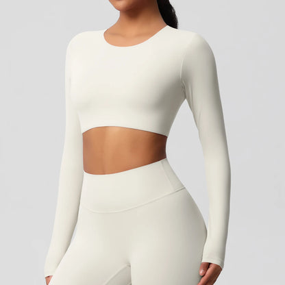 Sporttop für Damen, langarm, rundhalsausschnitt, hellivory, figurbetont