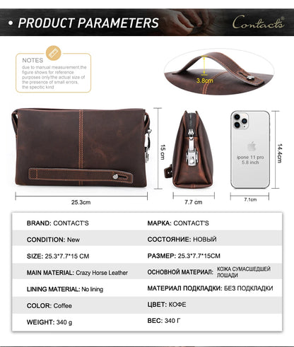 Braune Leder-Clutch mit Reißverschluss, Vorderfach mit Metall-Druckknopf