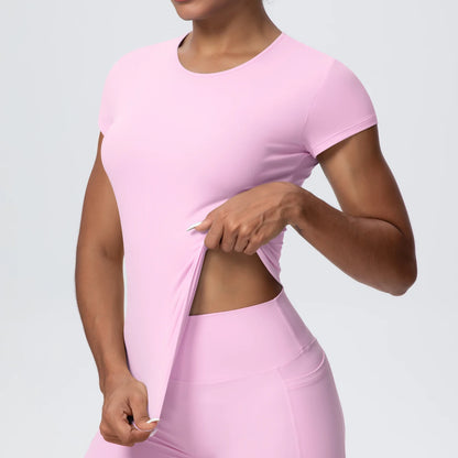 Damen-Yoga-Shirt, kurzarm, pastellrosa, Rundhalsausschnitt, figurbetont
