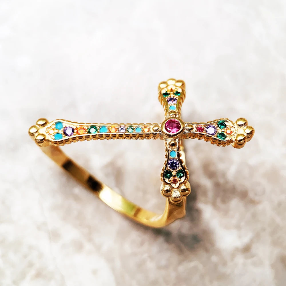 Damen-Ring Kreuz bunt vergoldet viktorianisch aus Sterlingsilber