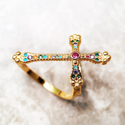 Damen-Ring Kreuz bunt vergoldet viktorianisch aus Sterlingsilber