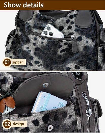 Damen-Hobo-Tasche aus gewaschenem Leder mit grau-Leoparden-Print und mehreren Fächern und viel Stauraum