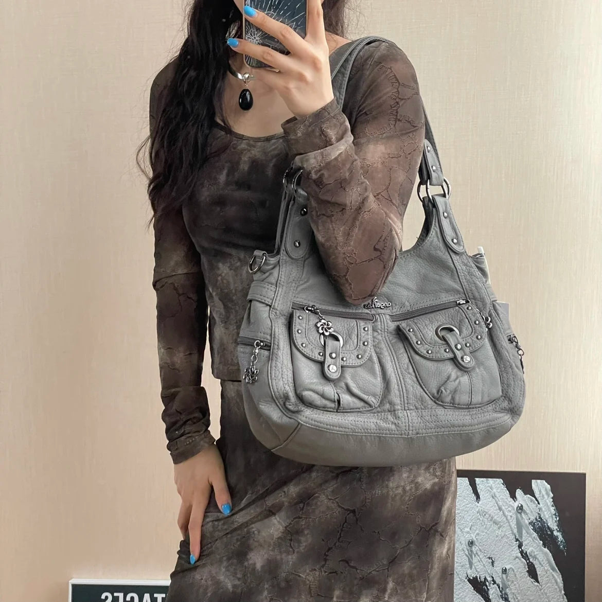 Damen-Schultertasche aus PU Bronze Retro-Stil mit Topgriff und Smartphonefach große Kapazität