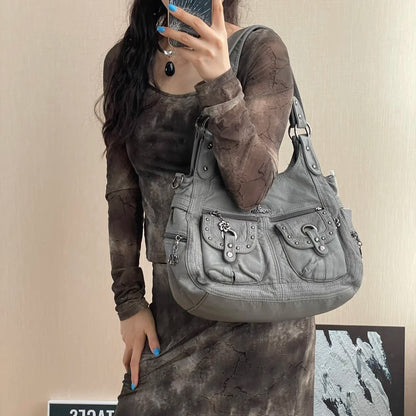 Damen-Schultertasche aus PU Bronze Retro-Stil mit Topgriff und Smartphonefach große Kapazität