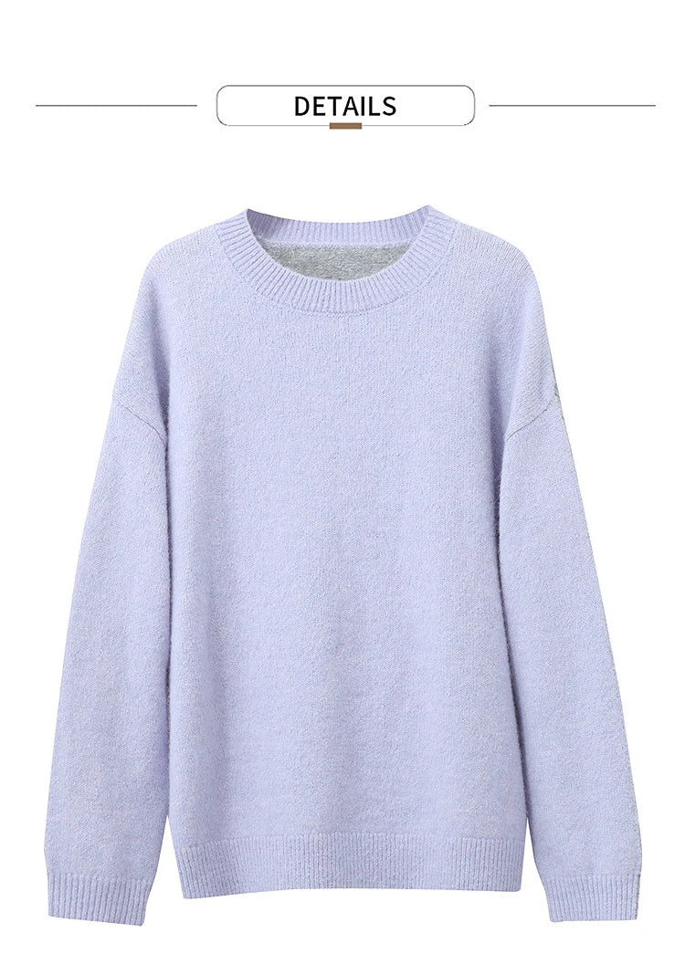 Hellblauer Damen-Pullover aus Strick, Rundhalsausschnitt und lange Ärmel, gerippte Bündchen