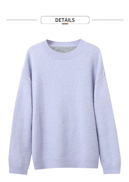 Hellblauer Damen-Pullover aus Strick, Rundhalsausschnitt und lange Ärmel, gerippte Bündchen