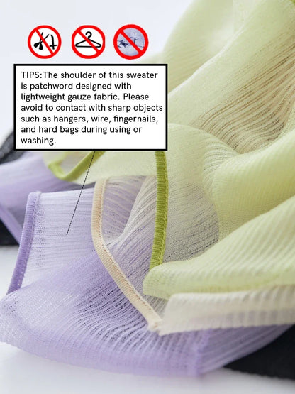 AMII Damenpullover, Nahaufnahme des leichten Rippstrickstoffs in Grünlila