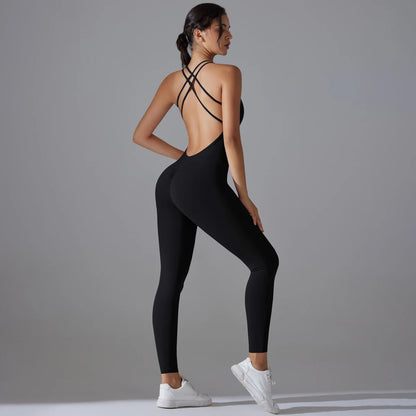 Schwarzer Yoga-Bodysuit mit Racerback, rückenfrei und dünnen Trägern