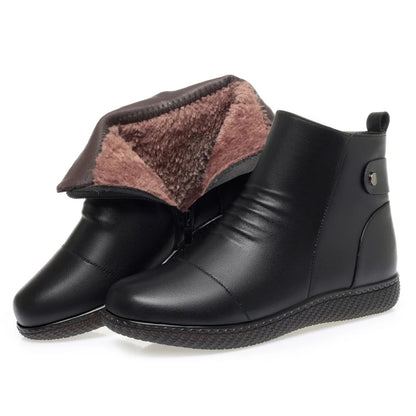 AIYUQI Damen-Winterstiefelette, schwarz, mit braunem Wollfutter, flachem Profilabsatz