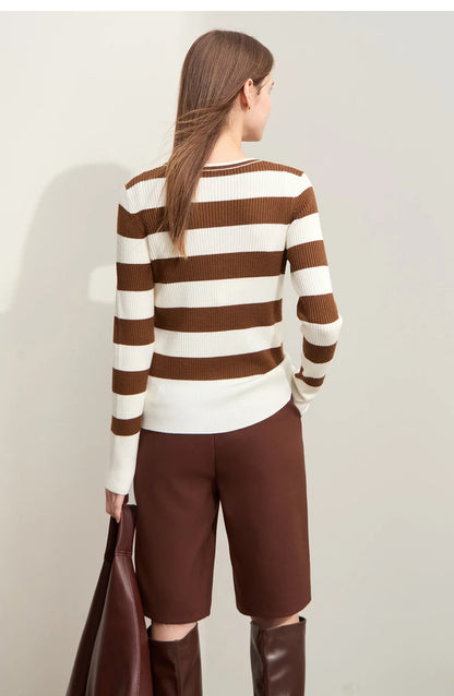 Damen-Strickjacke Kaschmir-Wolle Slim Streifen Reißverschluss Herbst
